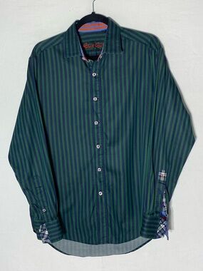 Robert Graham Green Blue Cotton Striped Flip Cuff Long Sleeve Button Up Shirt M